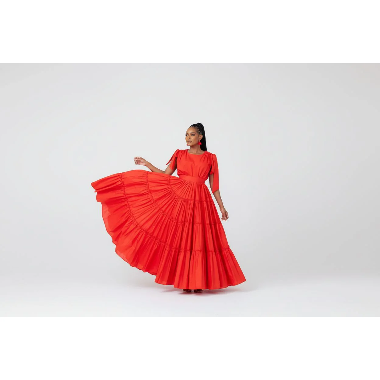 Pleated Vintage Short Sleeve High Waist A-Line Maxi Dress