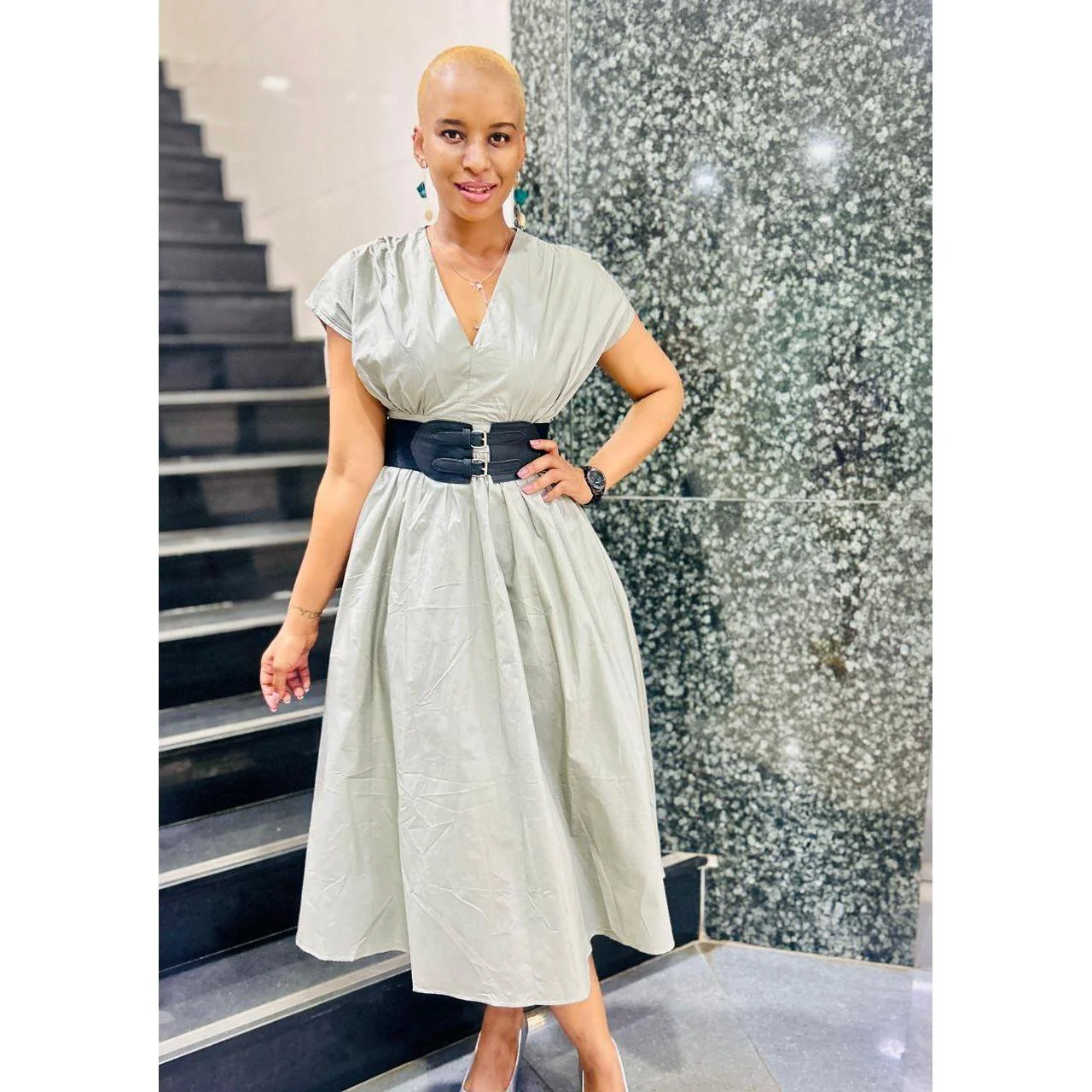 Pleated Waist Belt Flying Sleeve Office Street Dress. - Image 9