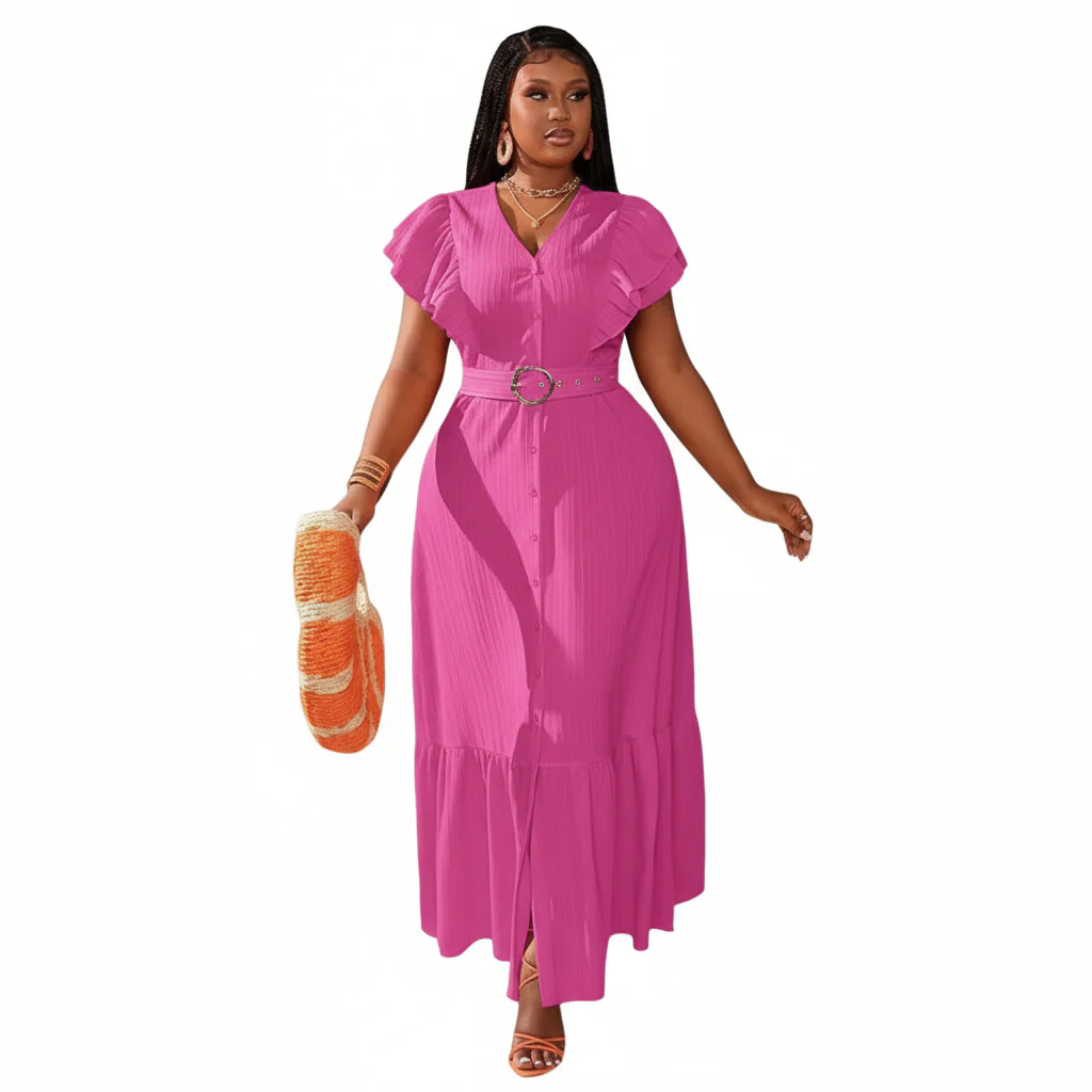 Plus Butterfly Sleeve Ruffle Hem Belted Dress - Image 2