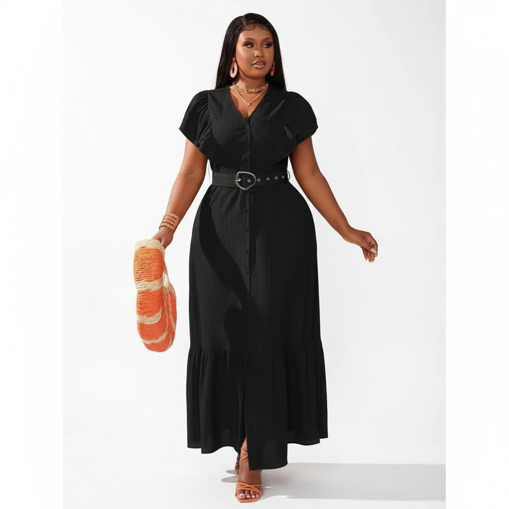 Plus Butterfly Sleeve Ruffle Hem Belted Dress - Image 3