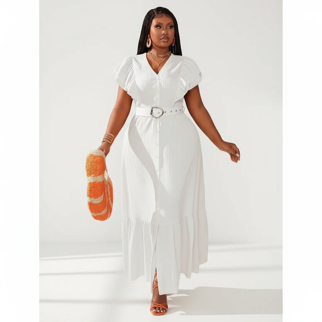 Plus Butterfly Sleeve Ruffle Hem Belted Dress - Image 4