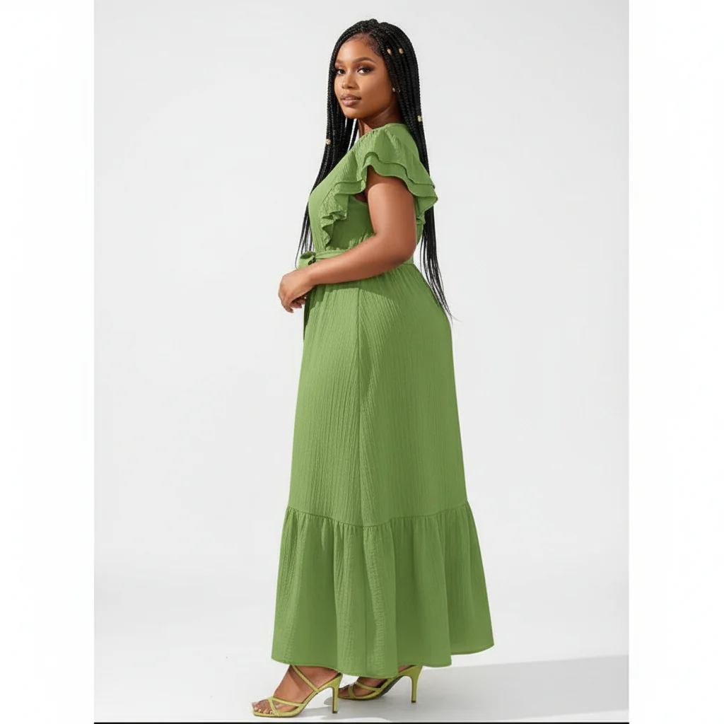 Plus Butterfly Sleeve Ruffle Hem Belted Dress - Image 5