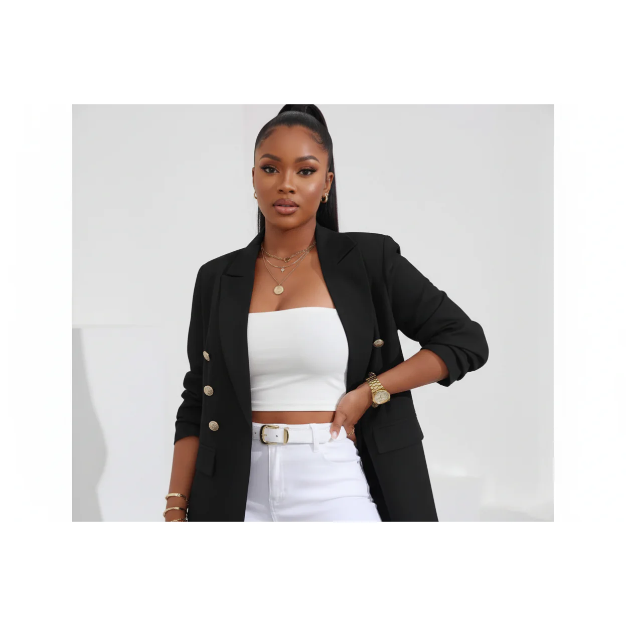 Plus Lapel Neck Solid Double Graduation Breasted Blazer - Image 3