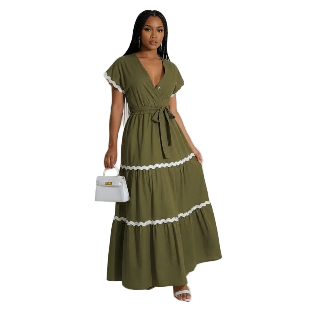 Plus Puff Sleeve Frilled Contrast Tape Belted Dress. - Image 2