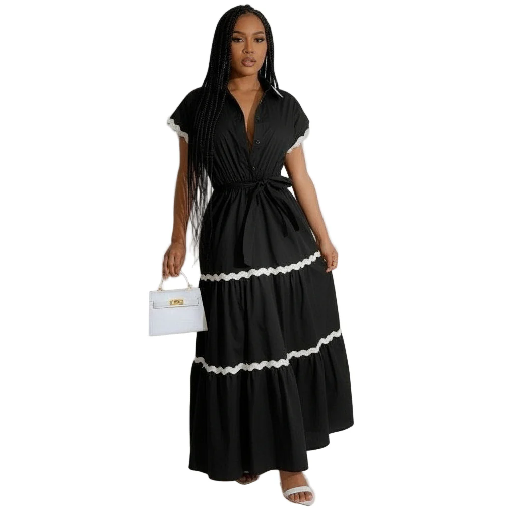 Plus Puff Sleeve Frilled Contrast Tape Belted Dress. - Image 3