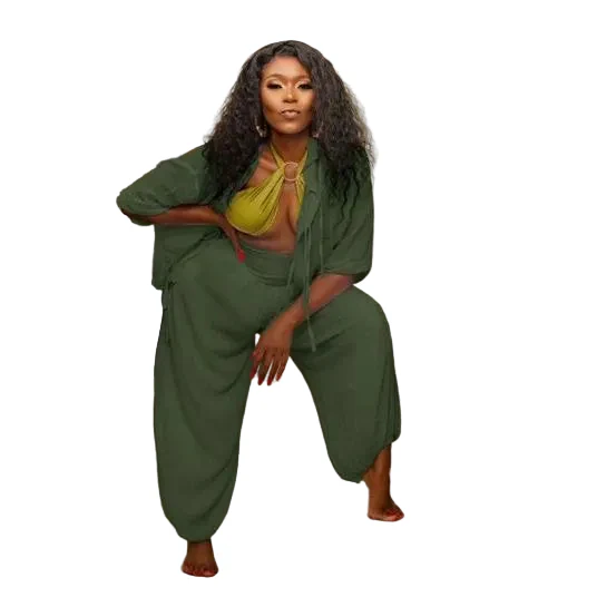Plus Size 2 Piece Long Sleeve Shirt Top & Wide Leg Pants - Image 3