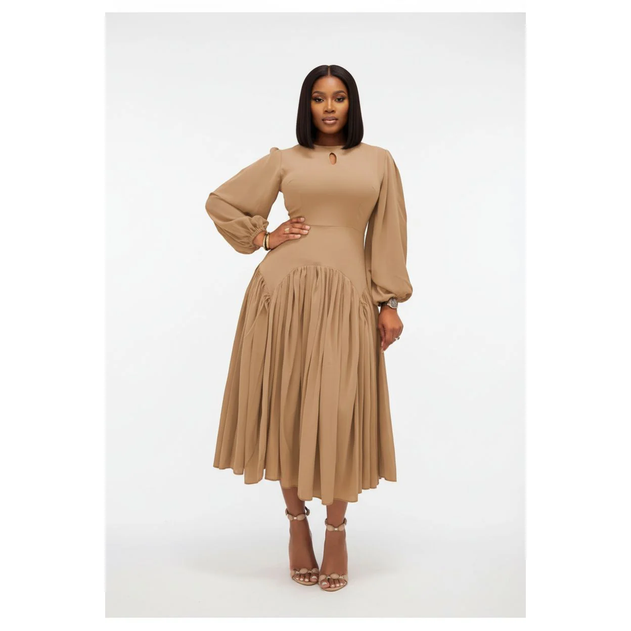 Plus Size Balloon Sleeve Pleated Midi Dress - Image 2
