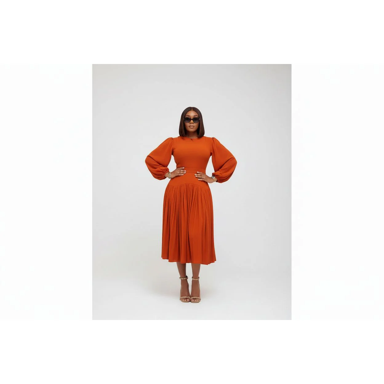 Plus Size Balloon Sleeve Pleated Midi Dress - Image 5