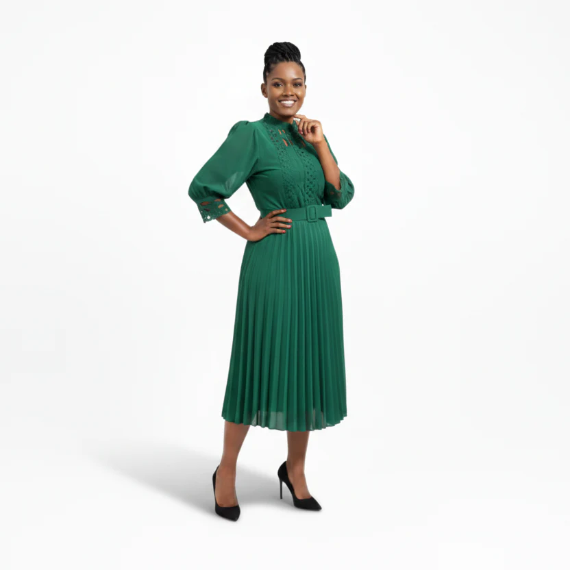 Plus Size Belted Lace Insert Pleated Hem Dress - Image 5