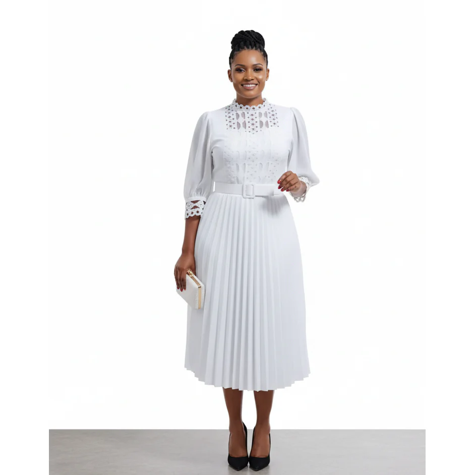 Plus Size Belted Lace Insert Pleated Hem Dress - Image 6