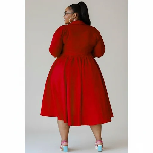 Plus Size Button Detailed With Waistbelt Midi Dress - Image 3
