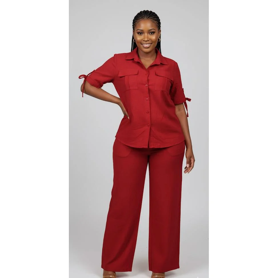 Plus Size Button-Front Shirt And Straight Stretchy Pants Sets - Image 2