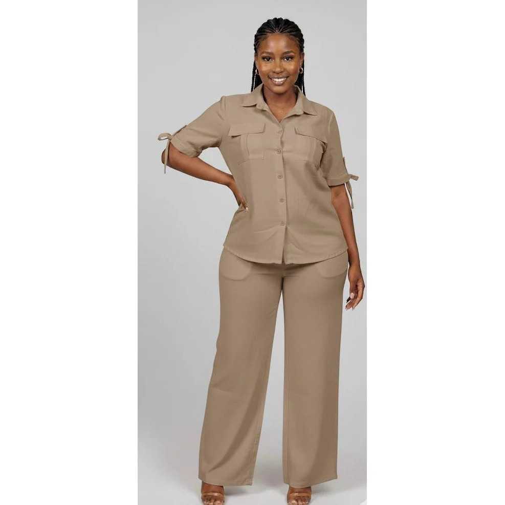 Plus Size Button-Front Shirt And Straight Stretchy Pants Sets - Image 3