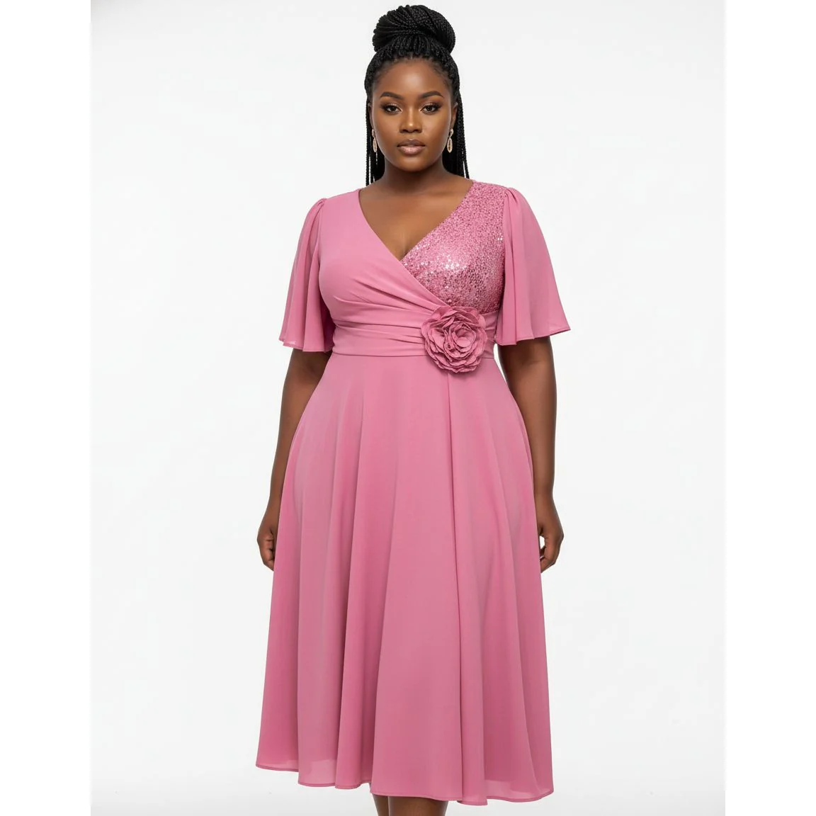 Plus Size Casual Short Sleeve Bow Tie Midi Flowy A-line Boho Dress - Image 3