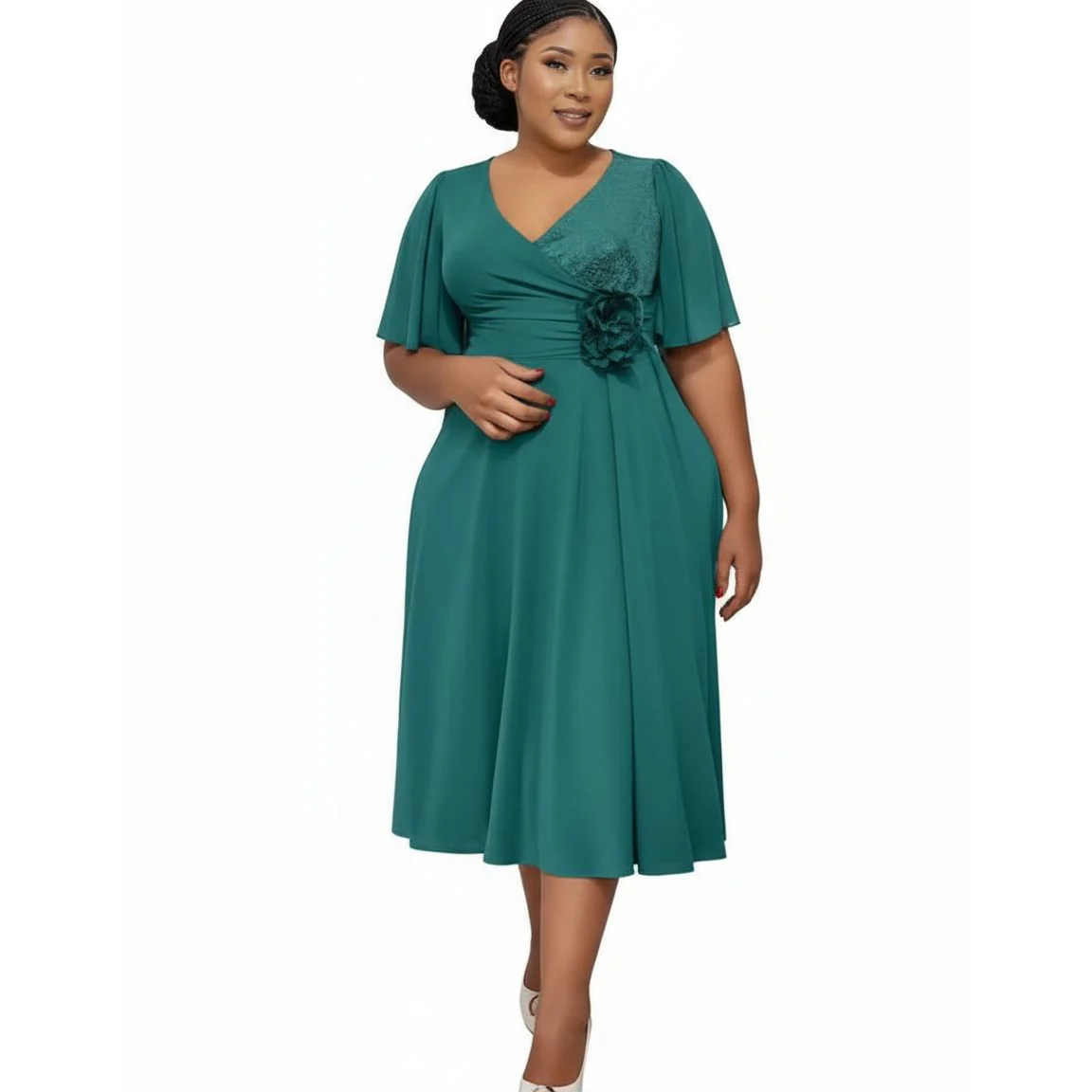 Plus Size Casual Short Sleeve Bow Tie Midi Flowy A-line Boho Dress - Image 4