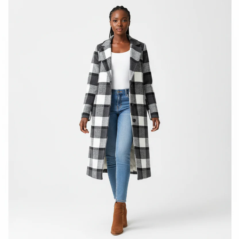 Plus Size Collar Plaid Lace Up Casual Long Jacket - Image 2