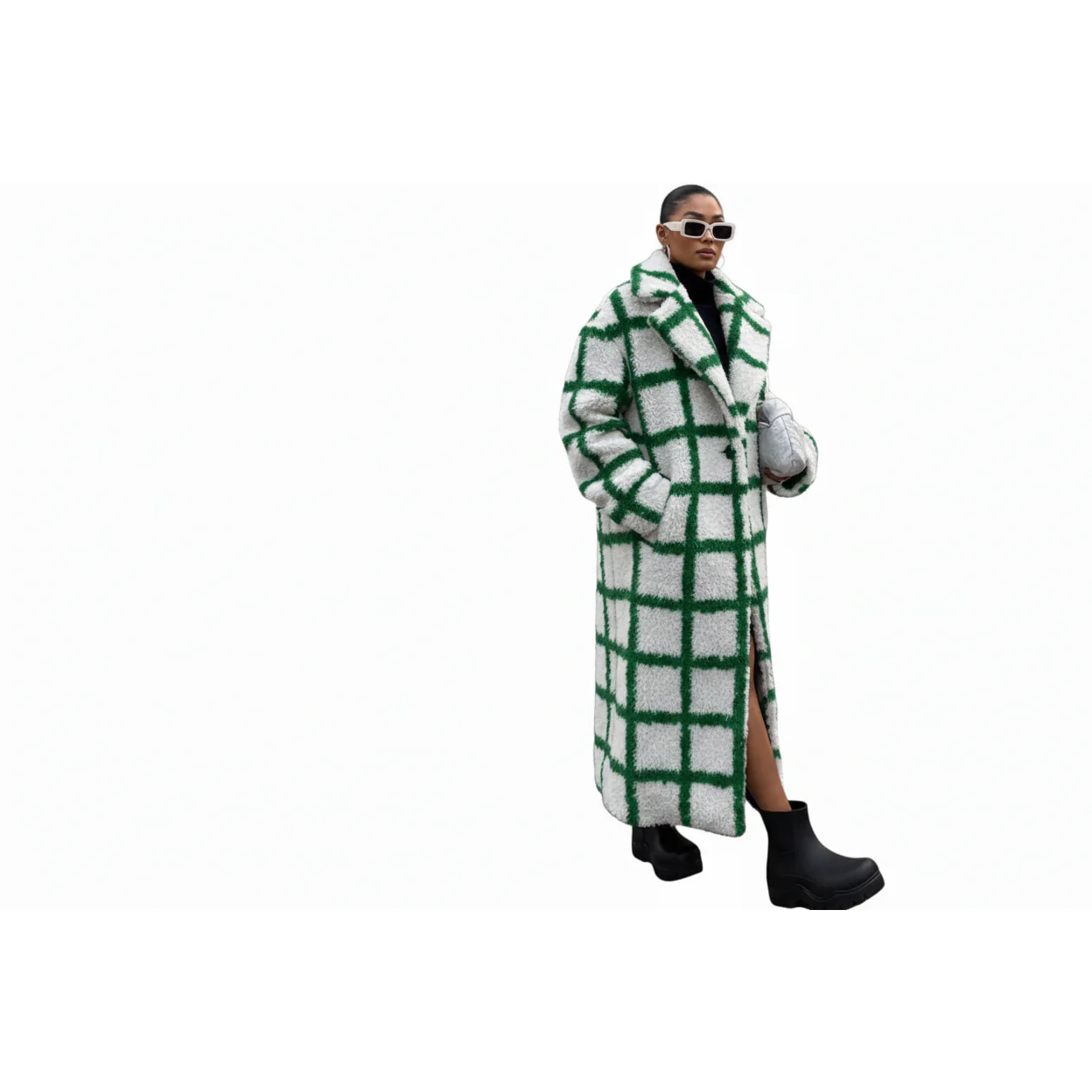 Plus Size Collar Plus Plaid Print Drop Shoulder Overcoat - Image 3