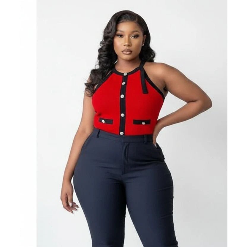 Contrast Two Tone Button Halter Neck Vest - Image 2