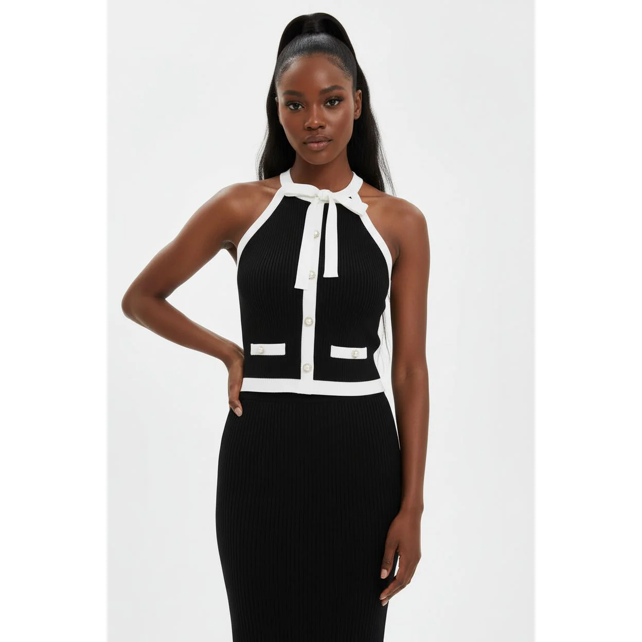 Contrast Two Tone Button Halter Neck Vest - Image 4