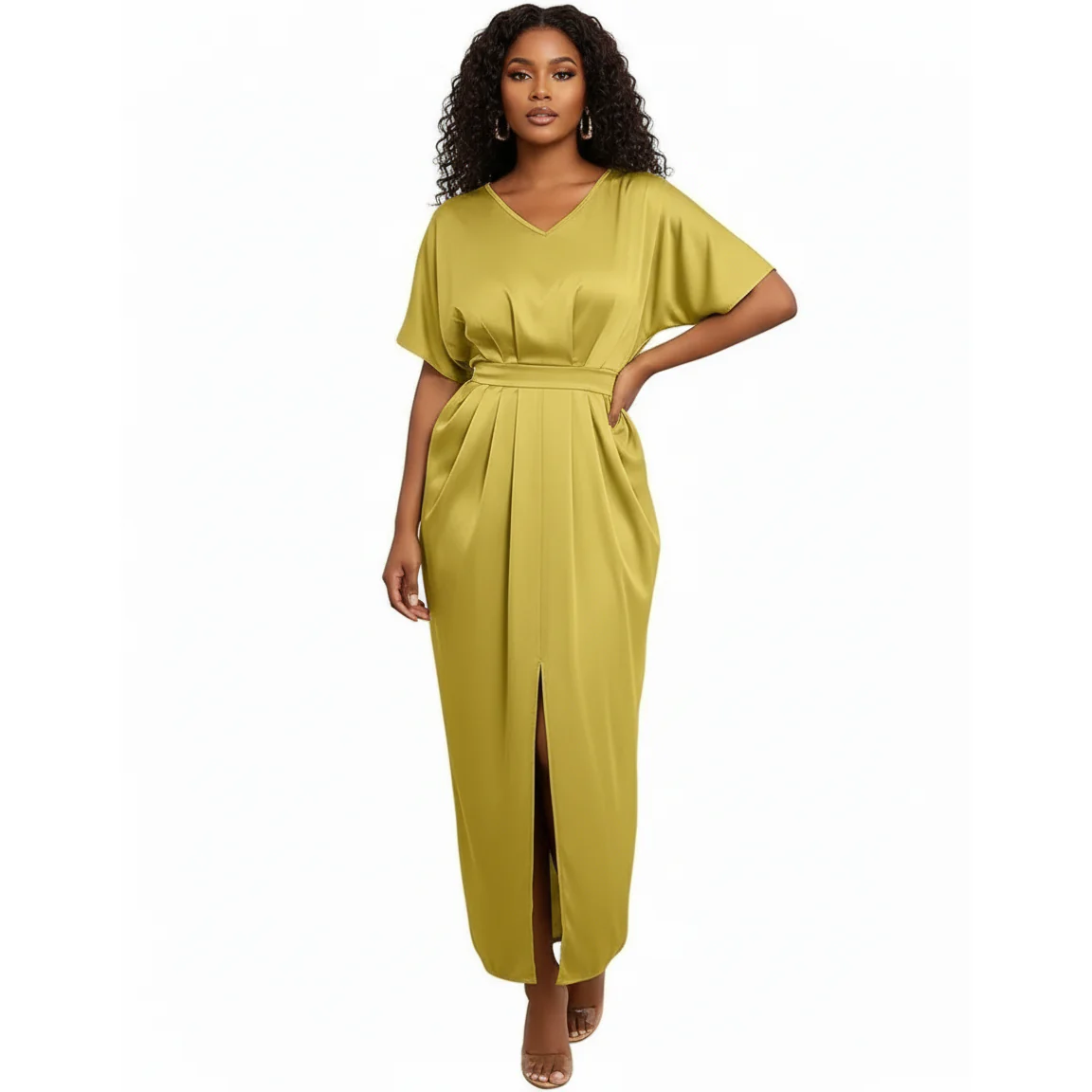 Solid Crew Neck Draped Fitted Dress
