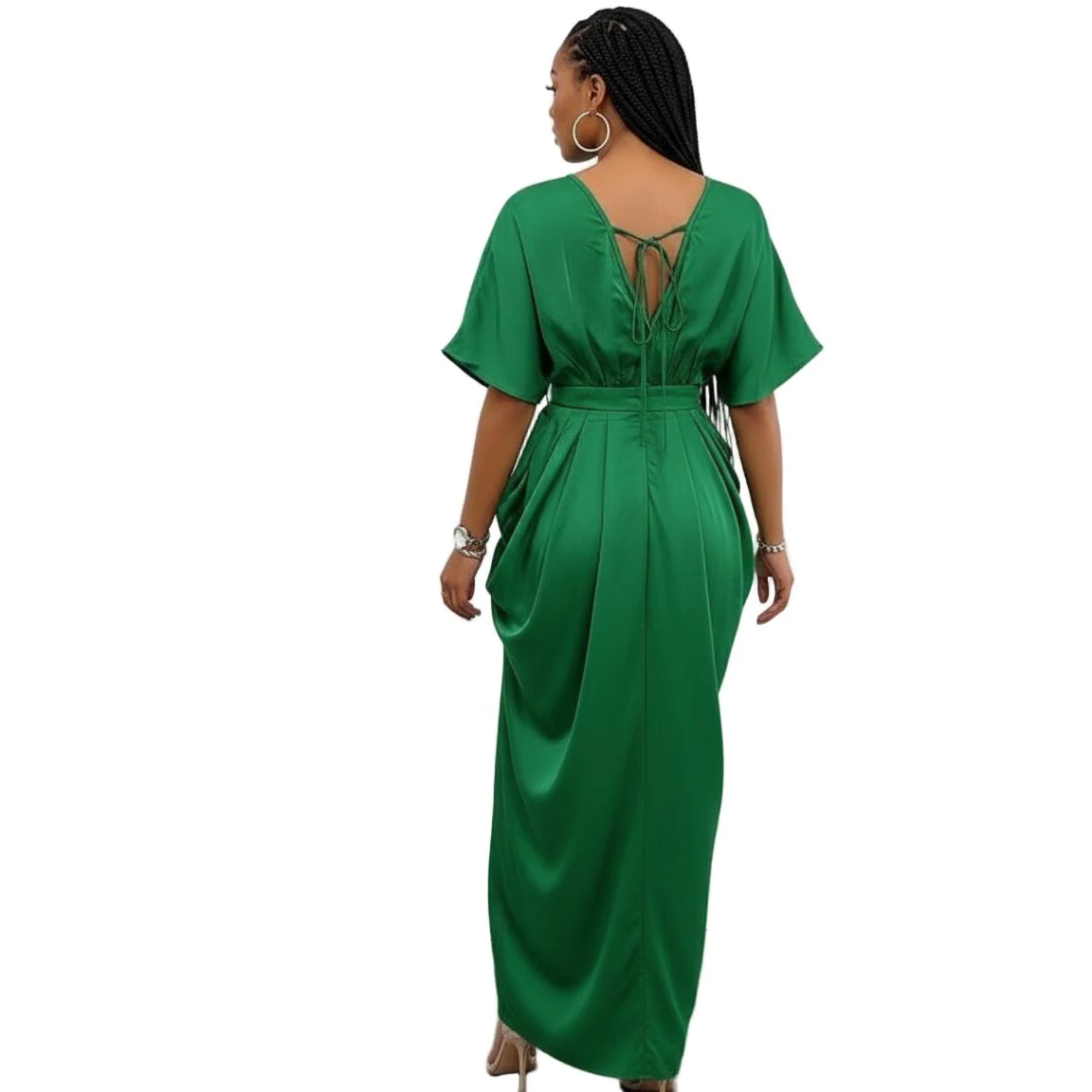 Solid Crew Neck Draped Fitted Dress - Image 2