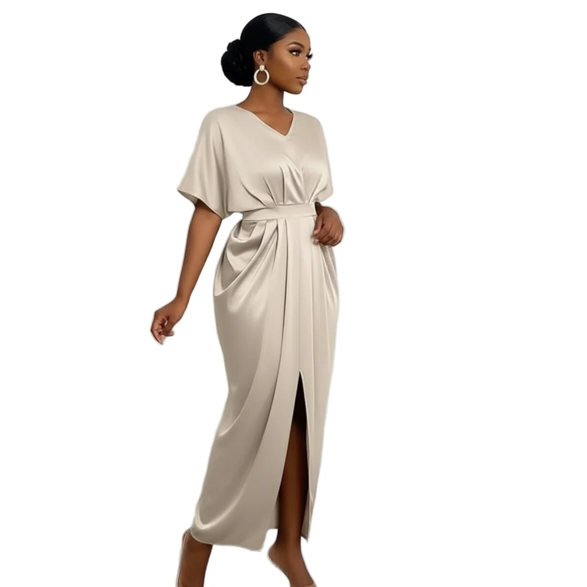 Solid Crew Neck Draped Fitted Dress - Image 3