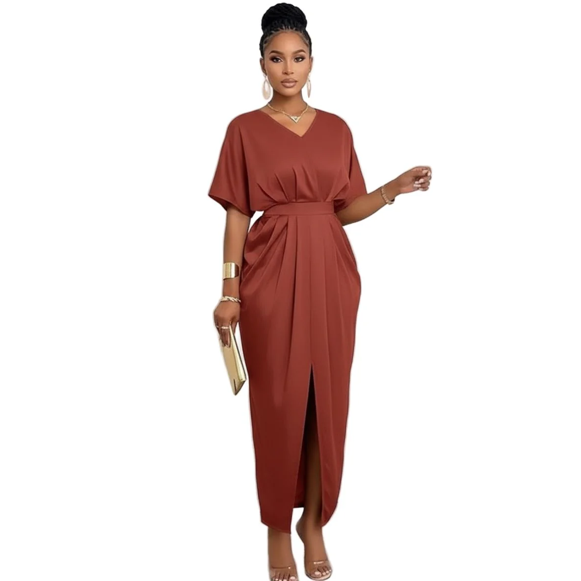Solid Crew Neck Draped Fitted Dress - Image 4