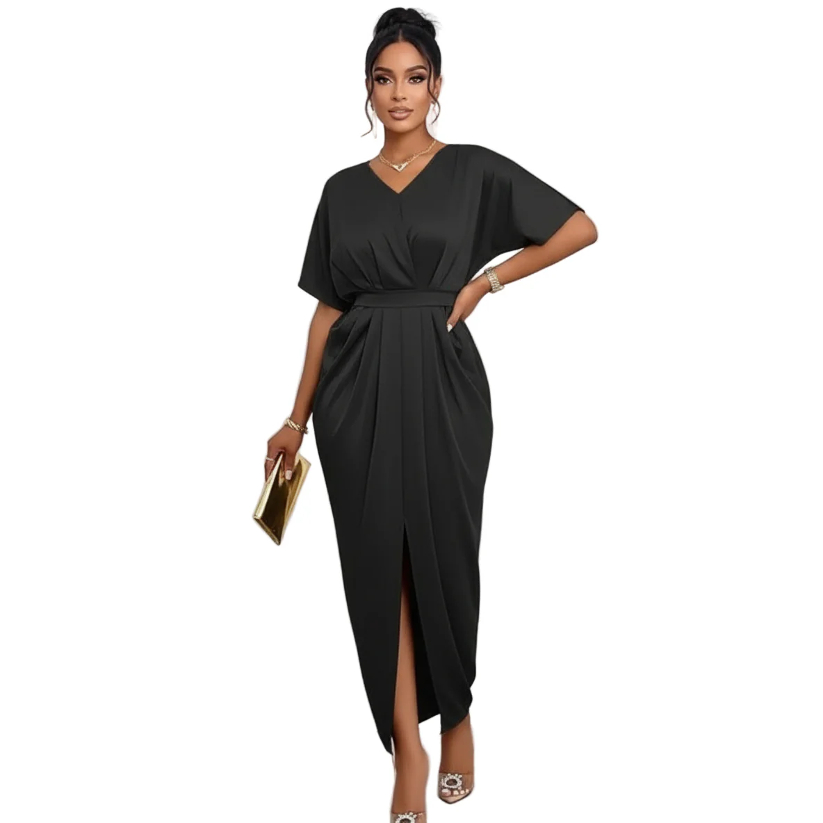 Solid Crew Neck Draped Fitted Dress - Image 5