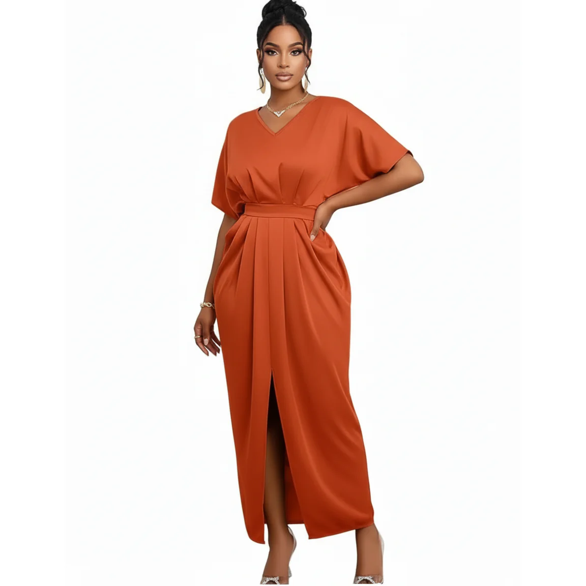 Solid Crew Neck Draped Fitted Dress - Image 6