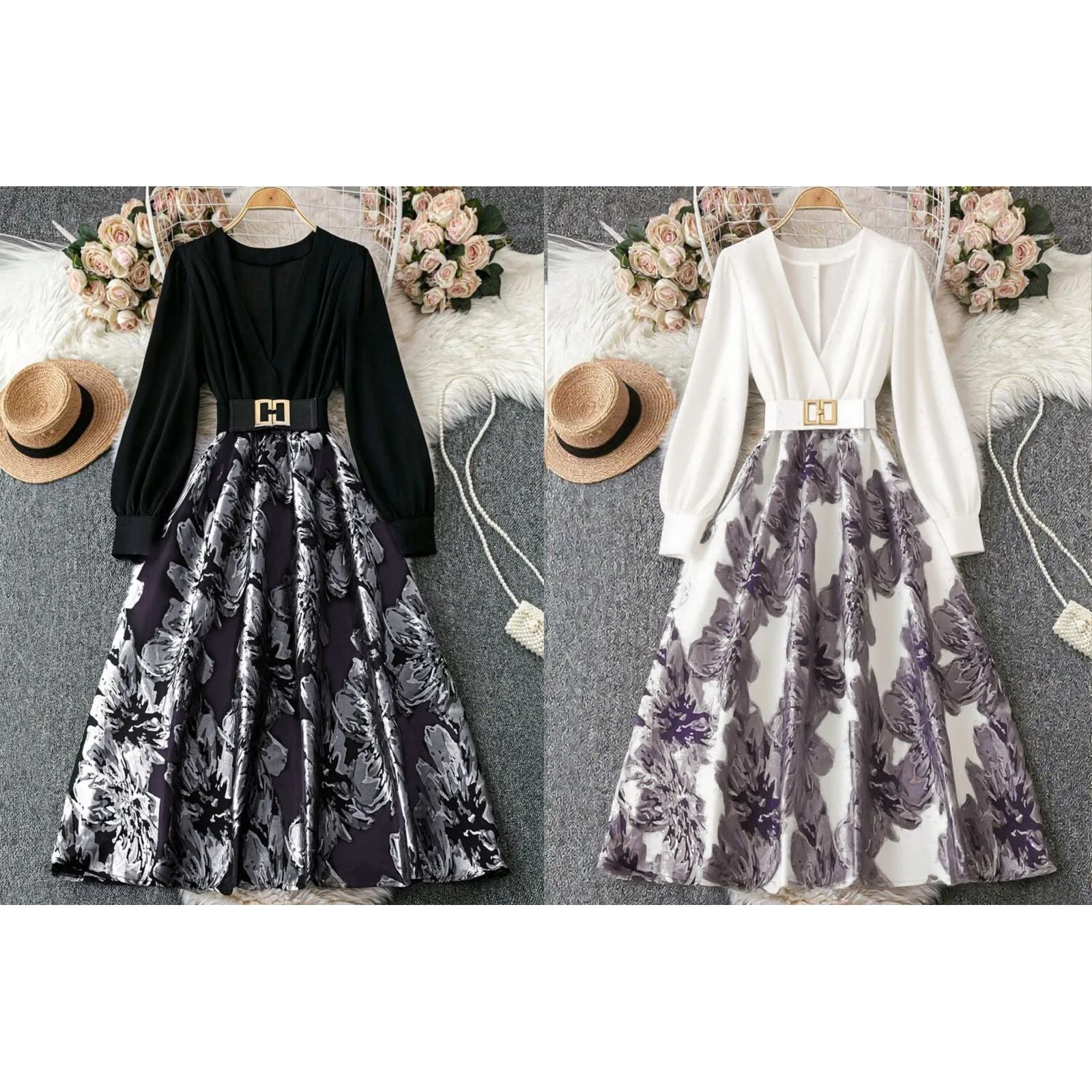 Plus Size Elegant Long Sleeve Embossed Print Patchwork Solid Color Adjustable Waist Dress - Image 4