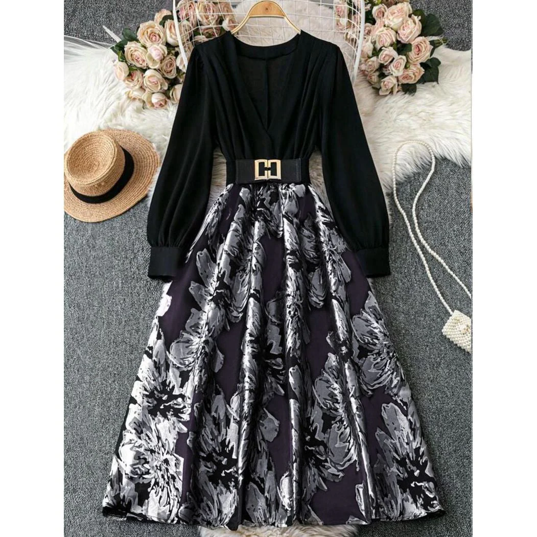 Plus Size Elegant Long Sleeve Embossed Print Patchwork Solid Color Adjustable Waist Dress - Image 5