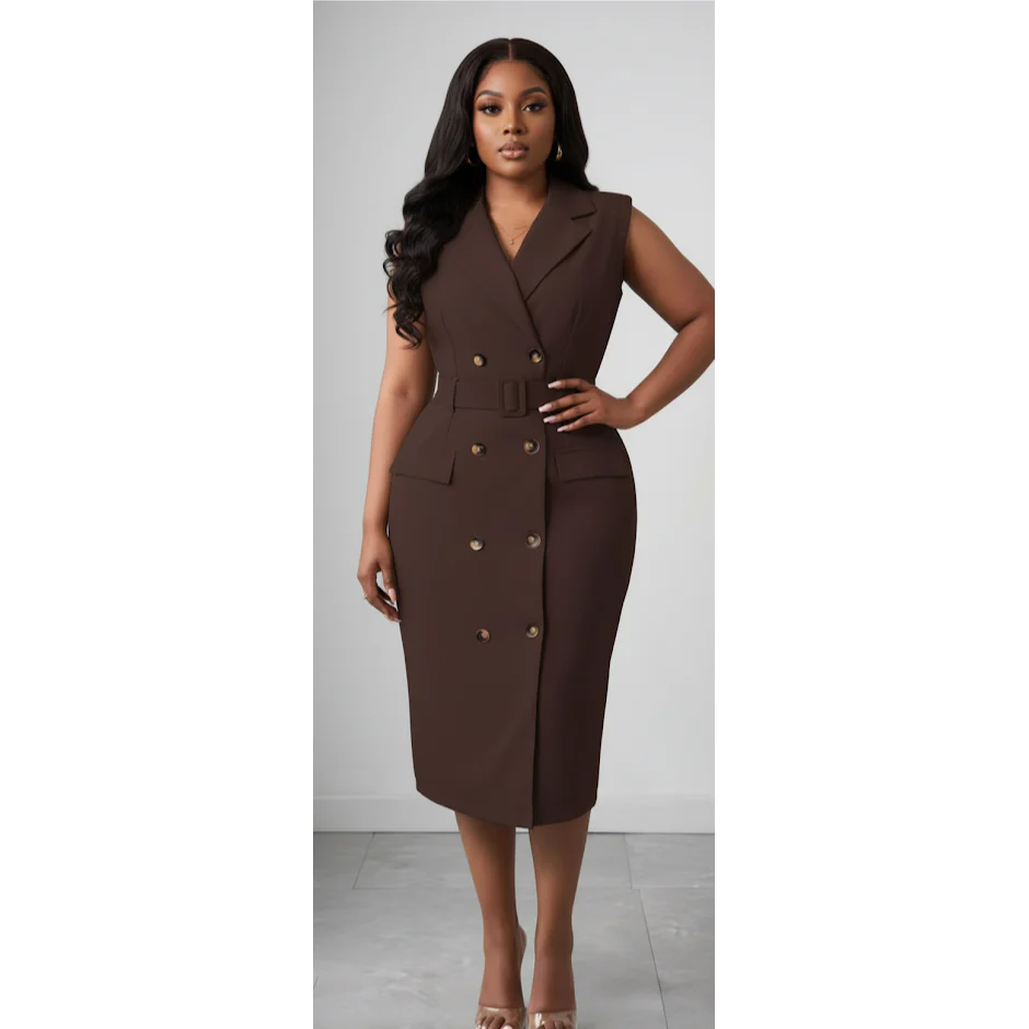 Plus Size Elegant Notch Collar Double-Breasted Belt Sleeveless Midi Dress - Image 4