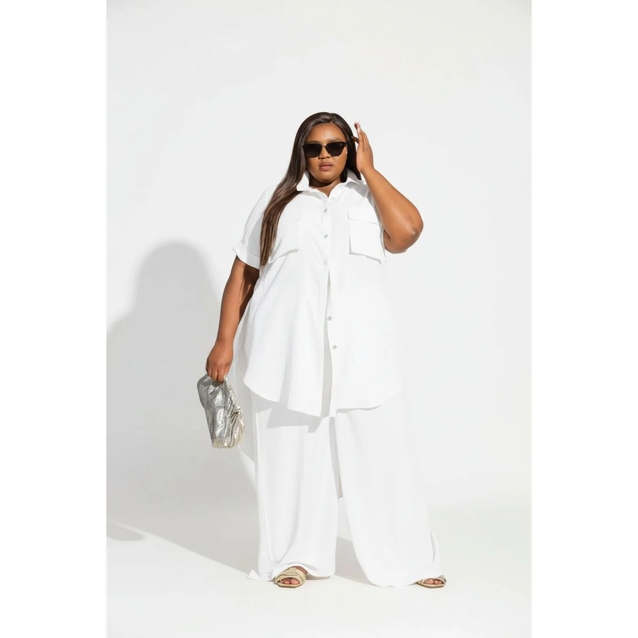 Plus Size Irregular Top & Wide Pants Set