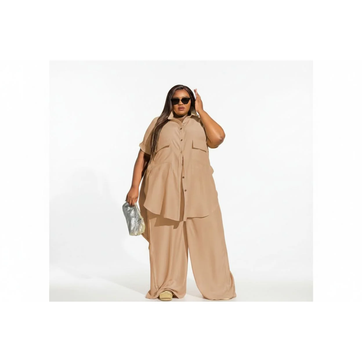 Plus Size Irregular Top & Wide Pants Set - Image 4
