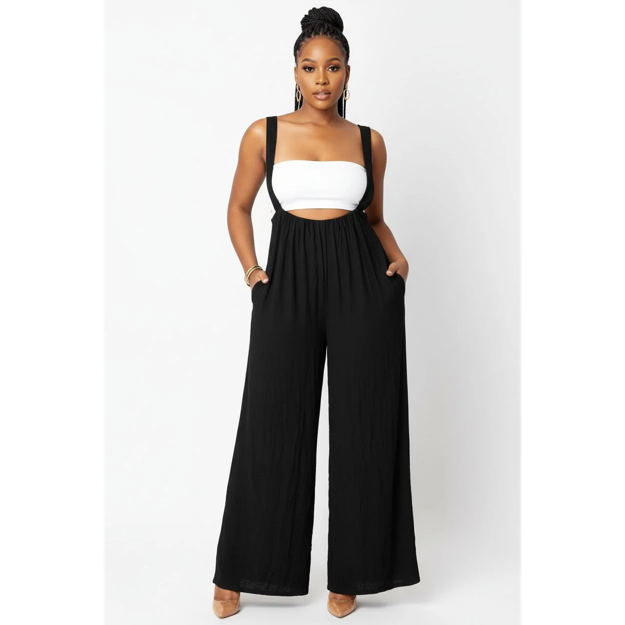 Plus Size Lace-Up Pocket Wide Leg Loose Casual Overalls.