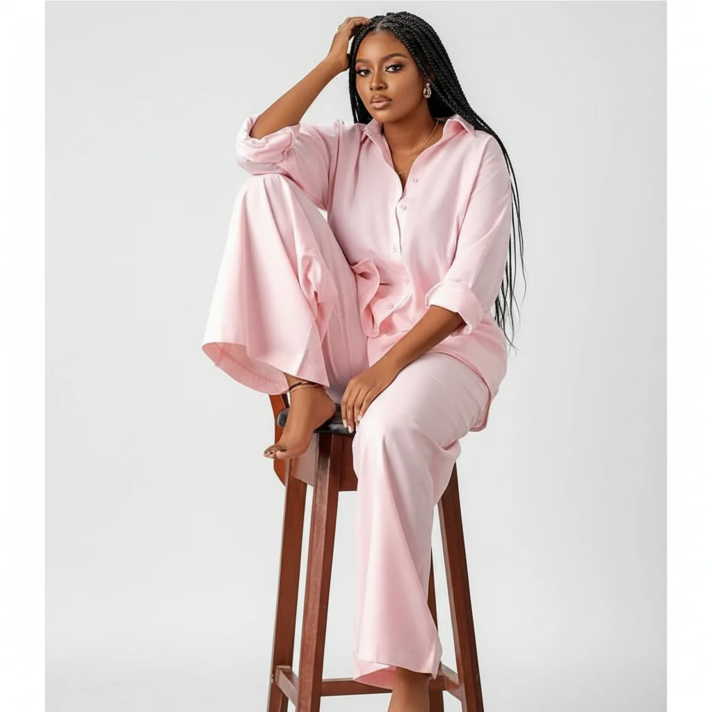 Plus Size Long Sleeve Shirt and Wide Long Pants Set - Image 2