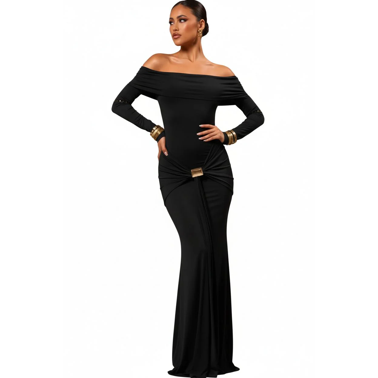 Plus Size Off-Shoulder Long-Sleeve Maxi Dress - Image 4