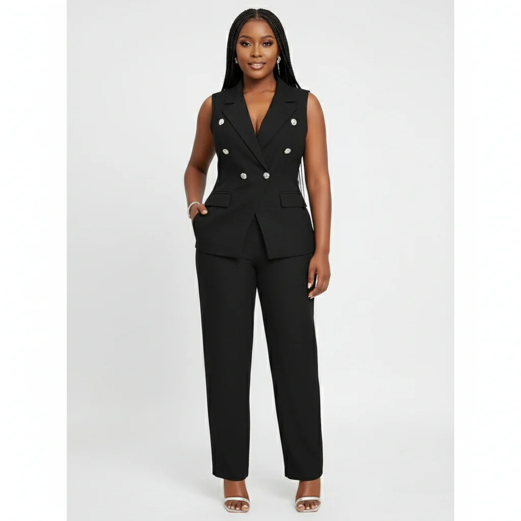 Plus Size Plain Color Vest And Pants 2-Piece Set - Image 2