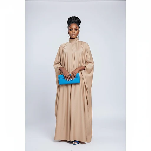 Plus Size Plain Ruched Maxi Kaftan Elegant Mock Neck Batwing Sleeve Dress - Image 2