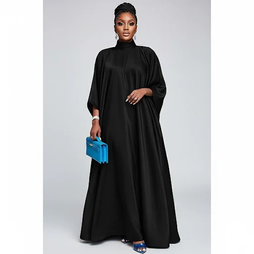 Plus Size Plain Ruched Maxi Kaftan Elegant Mock Neck Batwing Sleeve Dress - Image 5