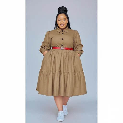 Plus Size Pleated Detailed Button Midi Dress - Image 2