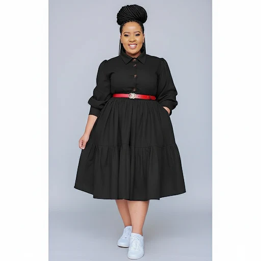 Plus Size Pleated Detailed Button Midi Dress - Image 3