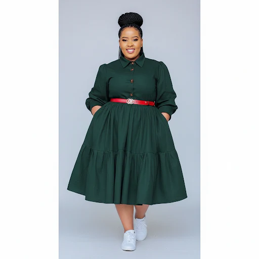 Plus Size Pleated Detailed Button Midi Dress - Image 4