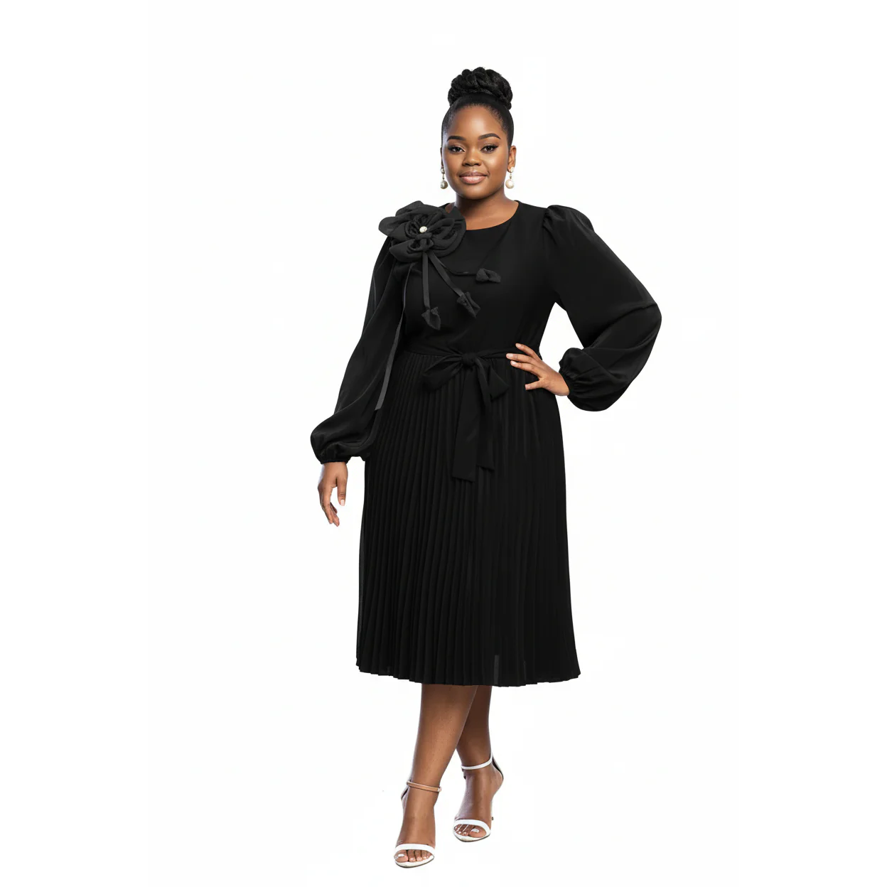 Plus Size Pleated Midi Puff Sleeve Dress - Image 3