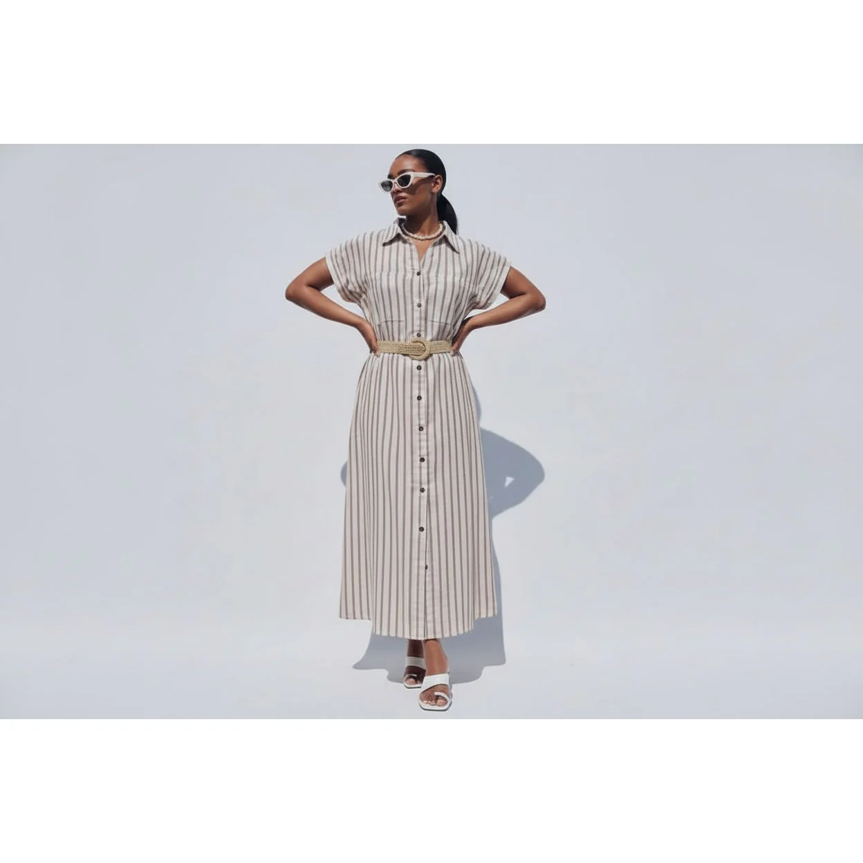 Plus Size Poplin Stripe Belted Dress