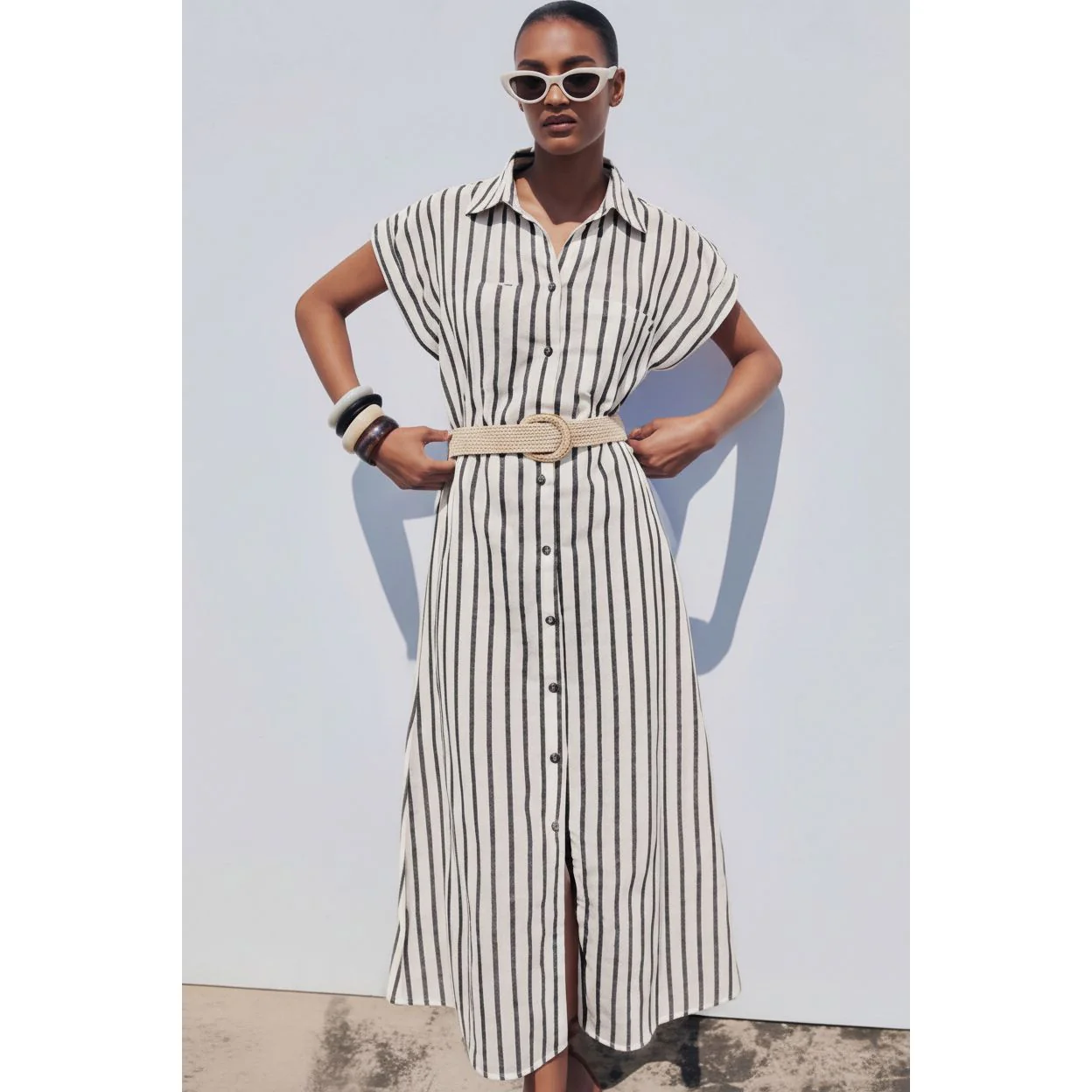 Plus Size Poplin Stripe Belted Dress - Image 3