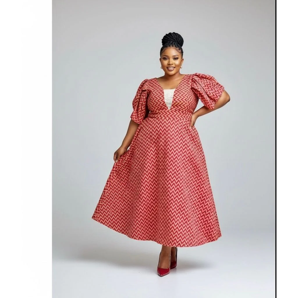 Plus Size Short Sleeve V-Neck  Ankara Midi Dress - Image 2