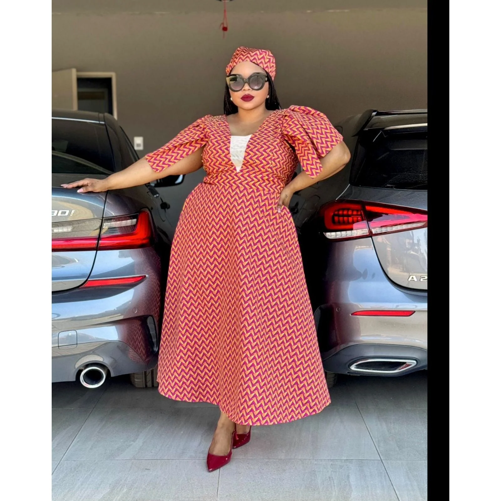 Plus Size Short Sleeve V-Neck  Ankara Midi Dress - Image 3