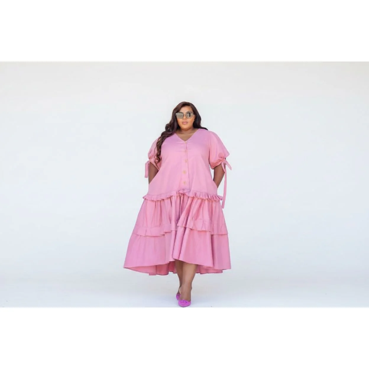 Plus Size Solid Color Pleated Dress