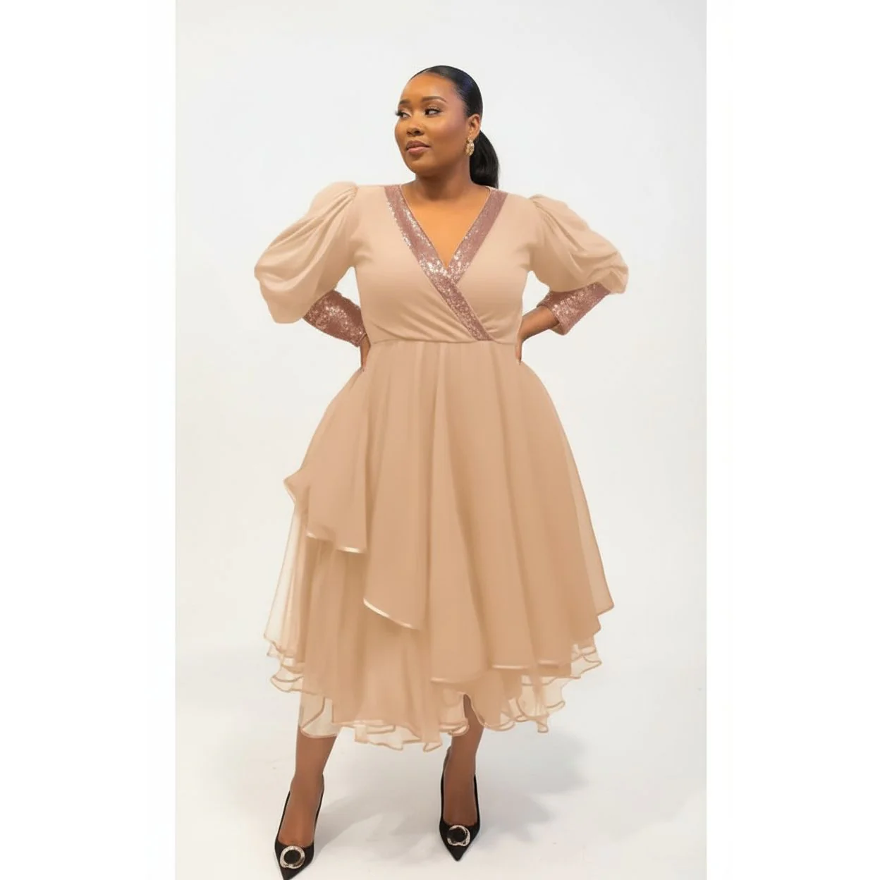 Plus Size Solid Ruffle Trim Split Hem V-Neck Dress - Image 2